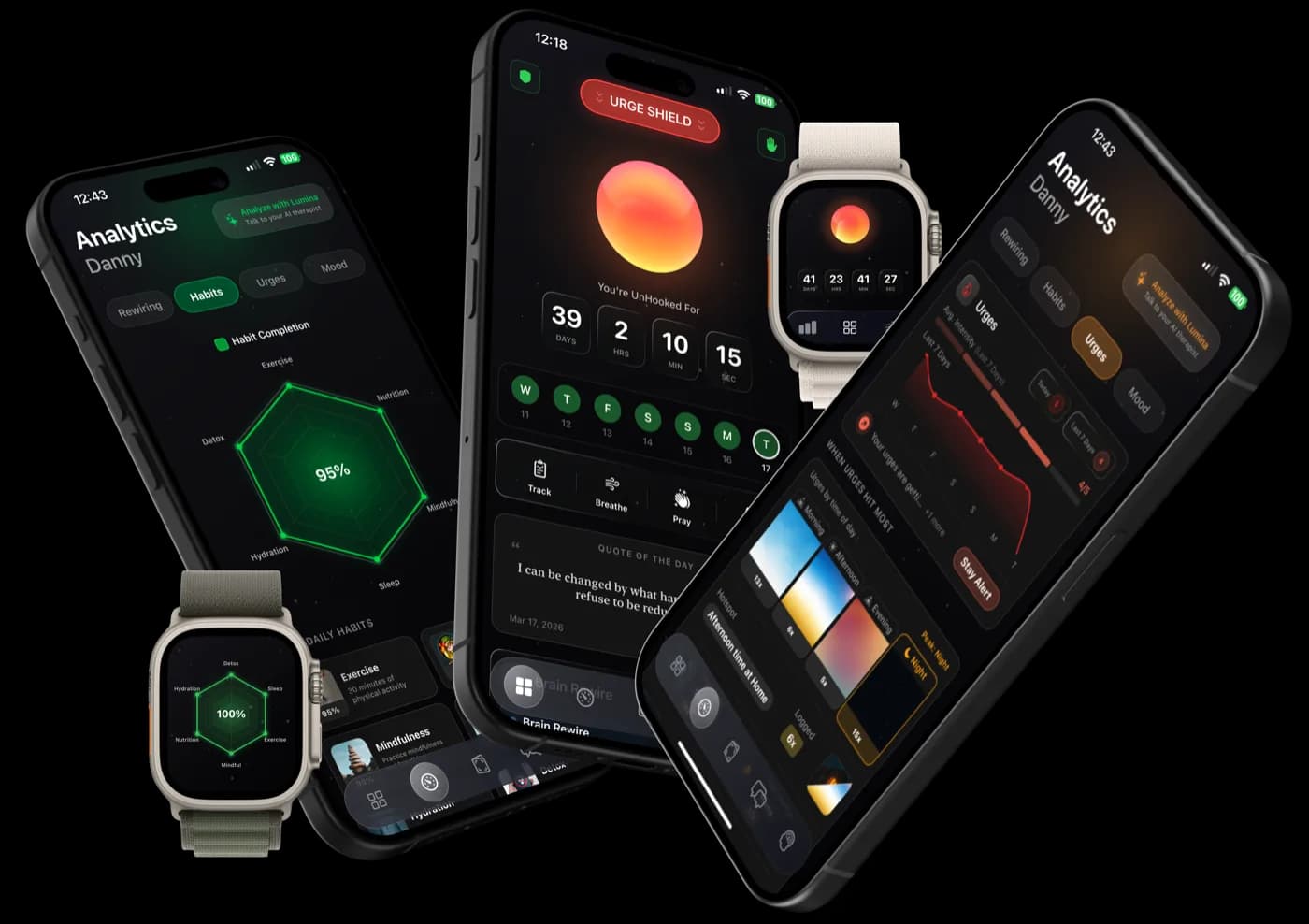 Unhook app screenshots showing Analytics, Timer, and Urge tracking features